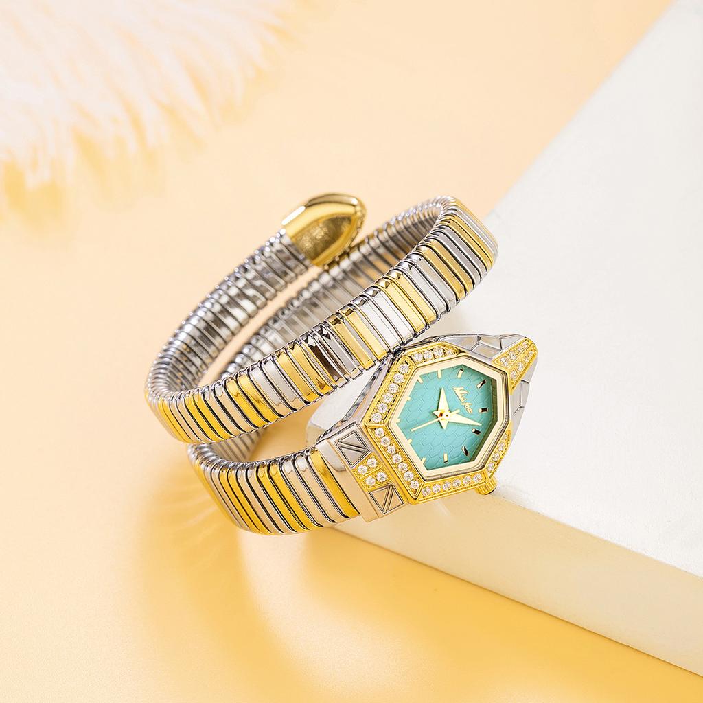 MISSFOX Classic Snake Shape Watch For Women Gold Silver Scaleable Bracelet Womens Watches Bling Diamonds Quartz Ladies Wristwatch