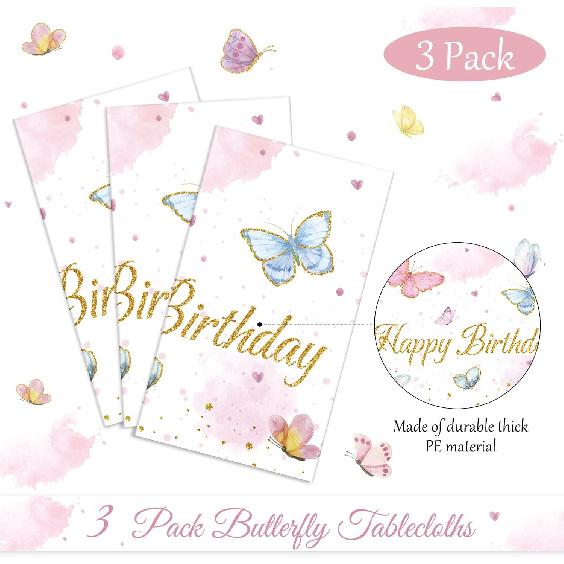 Tiamon 3 Pack Butterfly Happy Birthday Tablecloth Butterfly Party Decorations 108 x 54 Inch Watercolor Plastic Waterproof Table Covers Rectangular