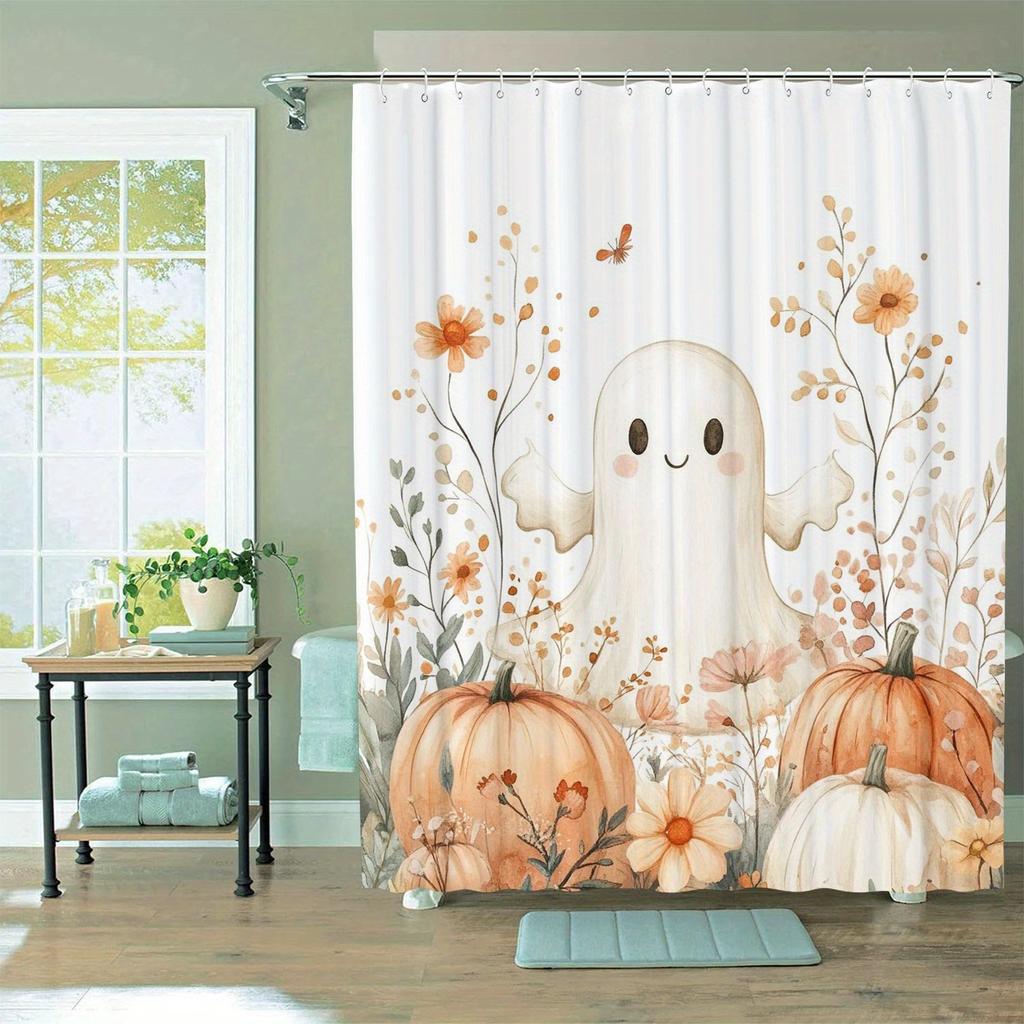 Ghost and Pumpkin Shower Curtain - Artistic Floral Theme Machine Washable with 12 Hooks for Home and Hotel