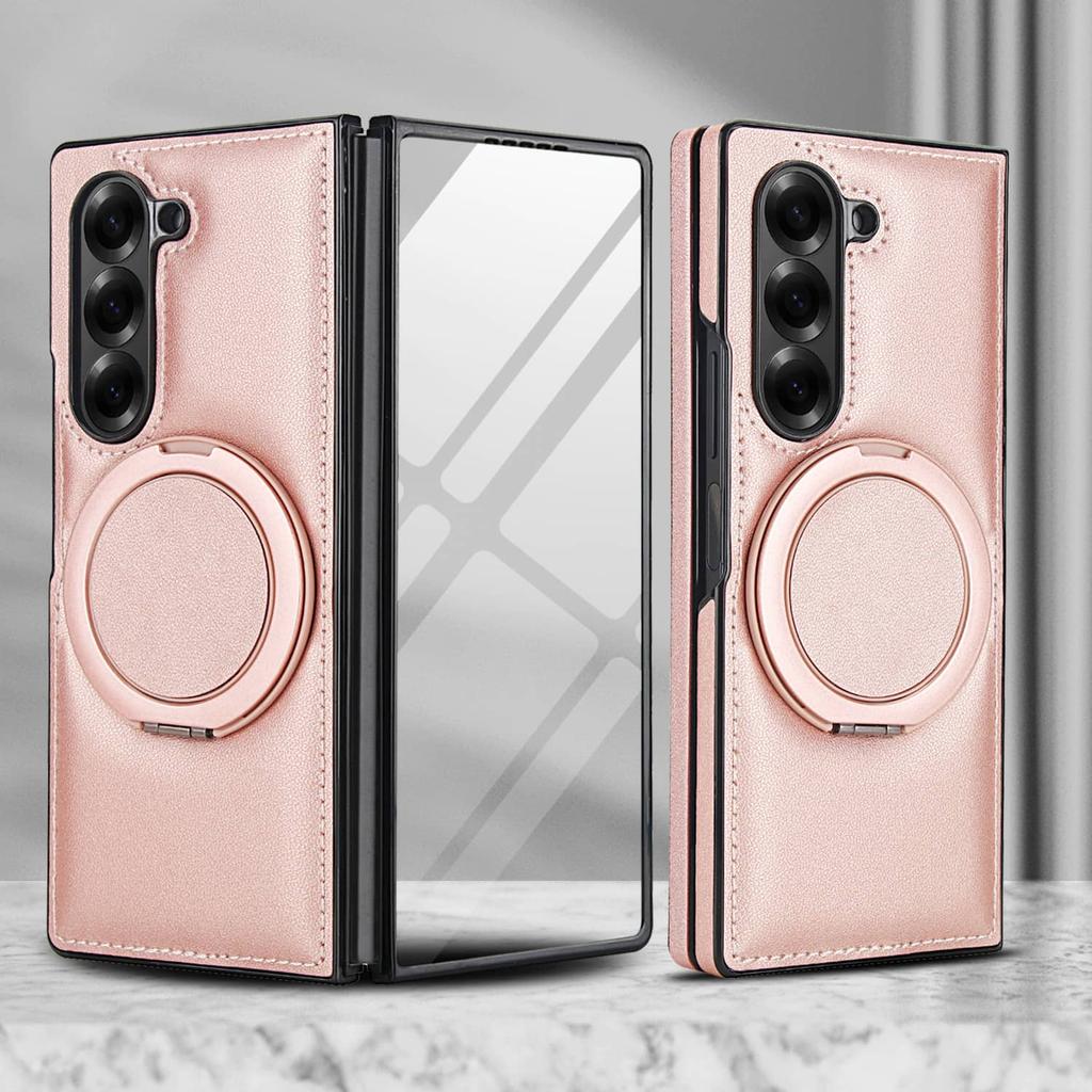PU Leather Cases for Samsung Galaxy Z Fold 7/6/5/4/3 Built-in Screen Protector Cover Magnetic 360 Rotatable Ring Stand Holder