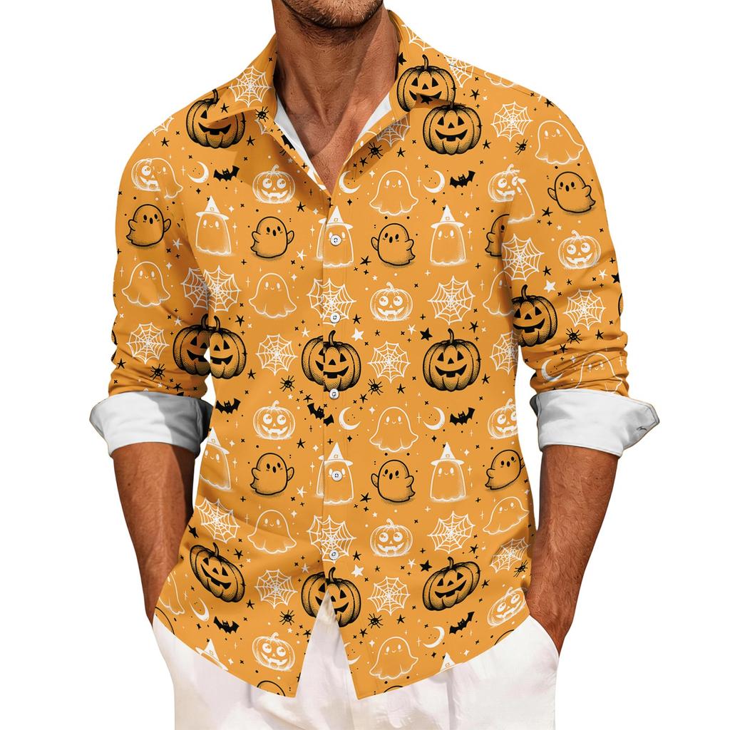 Men's Casual Long Sleeve Shirt with Halloween Print Relaxed Fit Button Down Top for Everyday and Festive Occasions