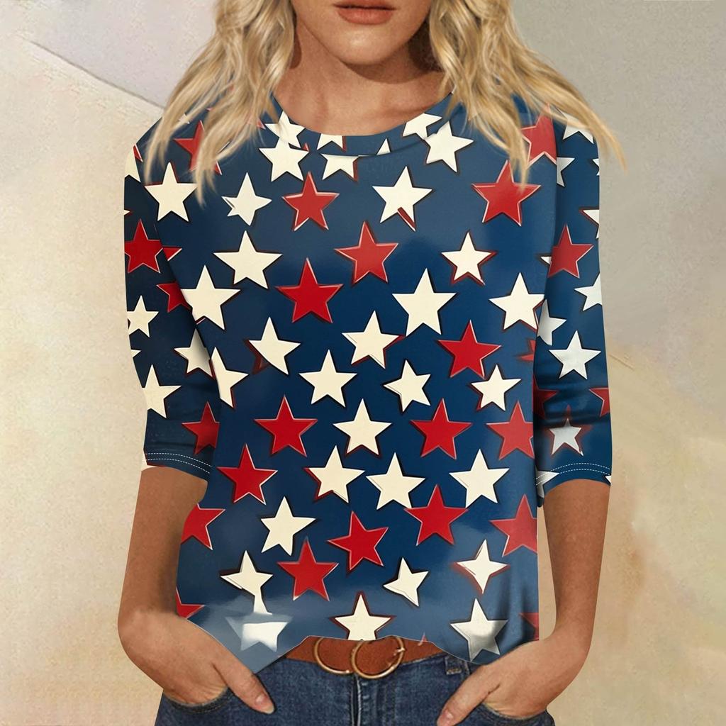 Women's Fashion Casual Seven Sleeve Independence Day Printed Round Neck T-Shirt Top