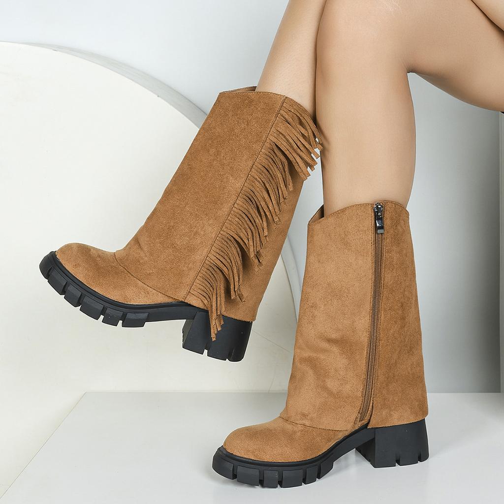 NEW Fringed Tassels Knee High Boots Winter Women Suede Thick Heels Boots Square Toe Shoes for Women Botas Mujer