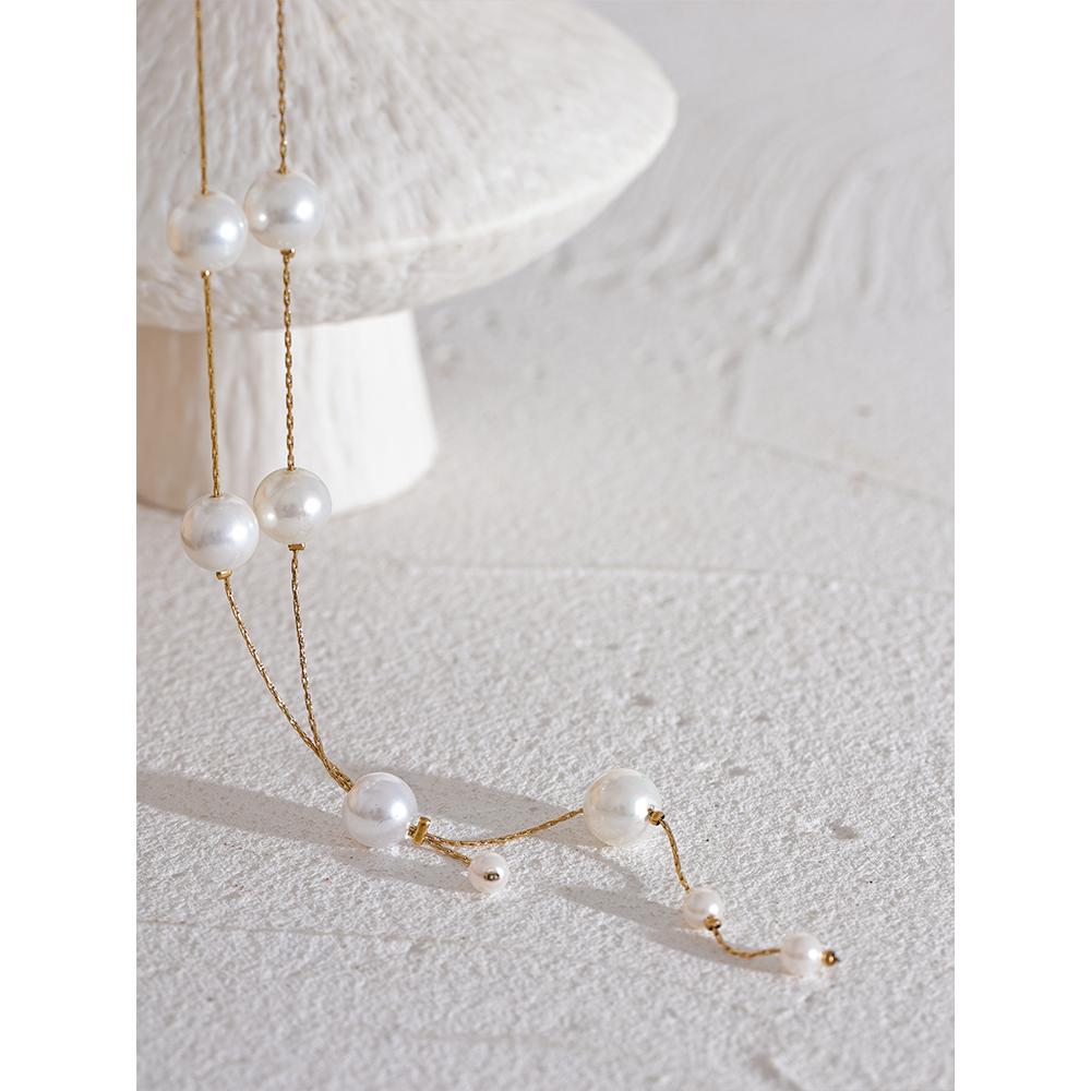 Yhpup Elegant Imitation Pearls Bead Chain Stainless Steel Fashion Necklace for Women Temperament Korean Charm Jewelry Gala Gift