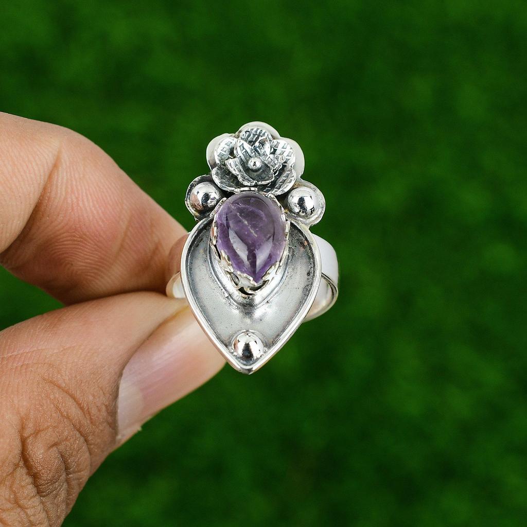 Natural African Amethyst Statement Flower Adjustable Ring 925 Silver