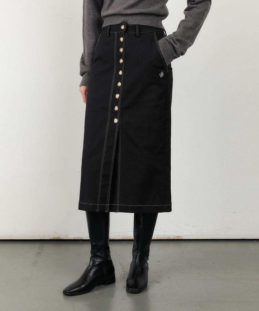 City Breeze Cotton Button-Up Long Skirt_Black