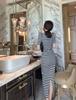 2025 Retro French Slim Striped Puff Sleeve Knit Dress