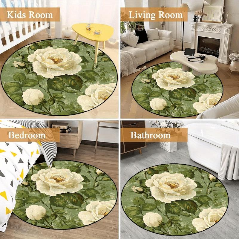 White Roses Green Leaves Pattern Round Shape Floor Mats Kitchen Hallway Runner Rug Bedroom Living Room Soft Carpet Non-slip Area Rug
