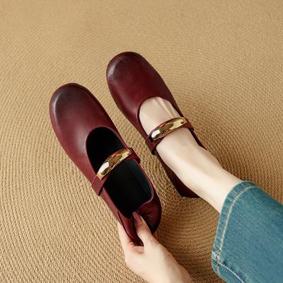 Fashion Women's New Leather Sheepskin Round Head Metal Accessory Belt Buckle Soft and Comfortable Low Heel Retro Mary Jane Single Shoe