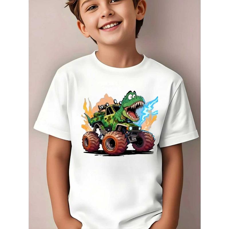 European sizes Boys' Dinosaur & Monster Truck T-Shirt - Short Sleeve Casual Summer Top with Dino & Truck Graphics,