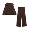 Women's Spring Coffee Stripe Pullover Sweater & Color Block Knit Pants Set