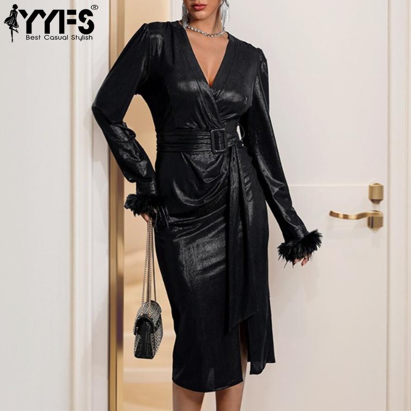 YYFS Women's Fashion Spring Fall Solid Color Print Long Sleeve V-Neck High Waist Casual Dresses