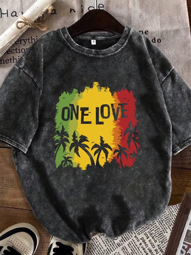 Vibrant One Love Palm Tree Graphic T Shirt Retro Washed T Shirt Casual Loose Streetwear Daily Wear Durable Casual T Shirt S