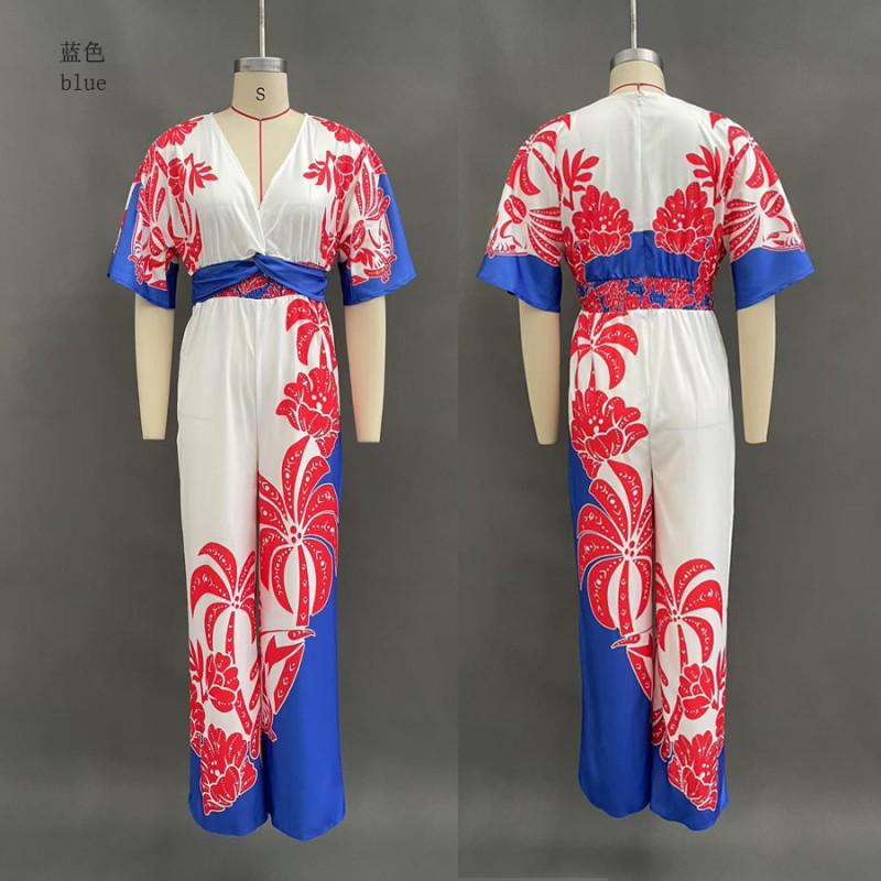 Womens V-Neck Printed Jumpsuit High-Waisted Wide-Leg Pants Casual Office Wear Lightweight Batwing Sleeve