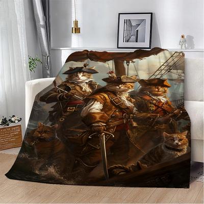 Toalla de playa con diseño de gato, pirata y capitán, manta de verano, tamaño king, mantas suaves y esponjosas; Mantas para el hogar, manta de cama tejida a cuadros hasta la rodilla