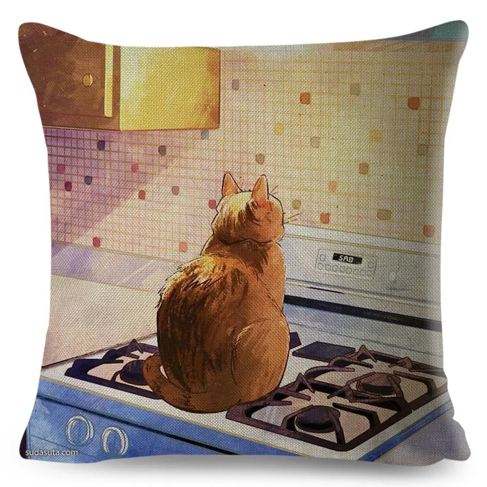 

Масляная живопись Милый кот Наволочка Декор Красочный мультяшный Домашнее животное Наволочка из полиэстера Наволочка для дивана Детской комнаты 66x66cm золотой