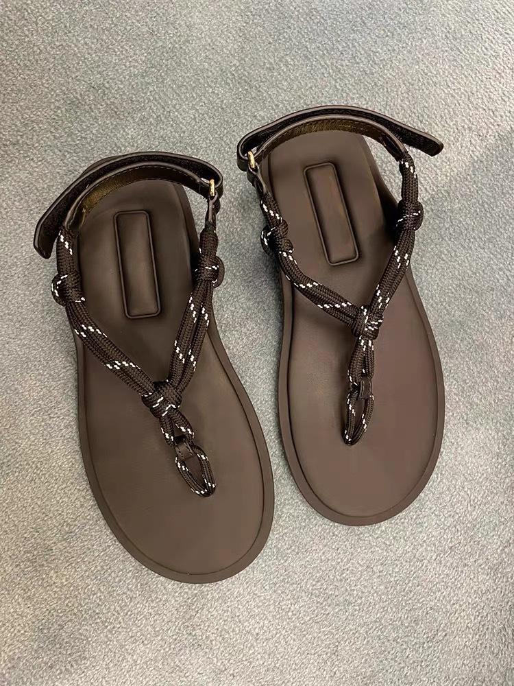 Leder Hanfseil Klettverschluss Flachboden Runde Zehe Flip-Flops Schuhe Damen tragen Sommer neu Strand Römersandalen