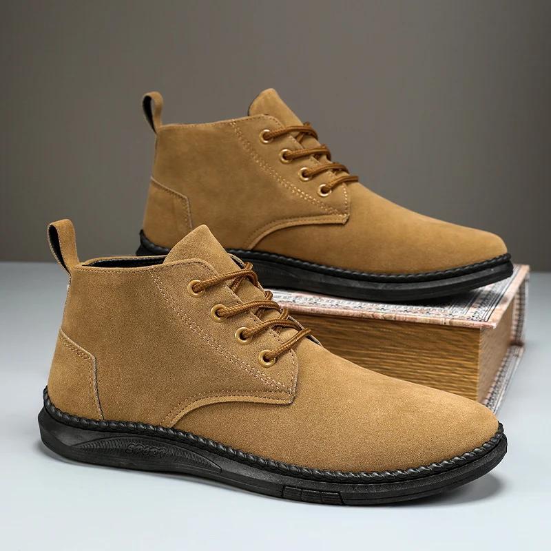 High Top Casual Board Shoes Men's Lace Up Suede Flat Bottom Short Boots Men's Chelsea Boots High-quality Brand Denim Boots Black