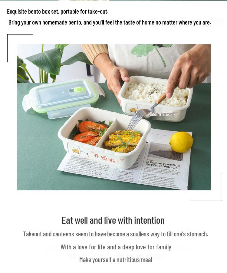 Microwaveable Ceramic Bento Box with Two or Three Compartments, Perfect for Students and Office Workers.