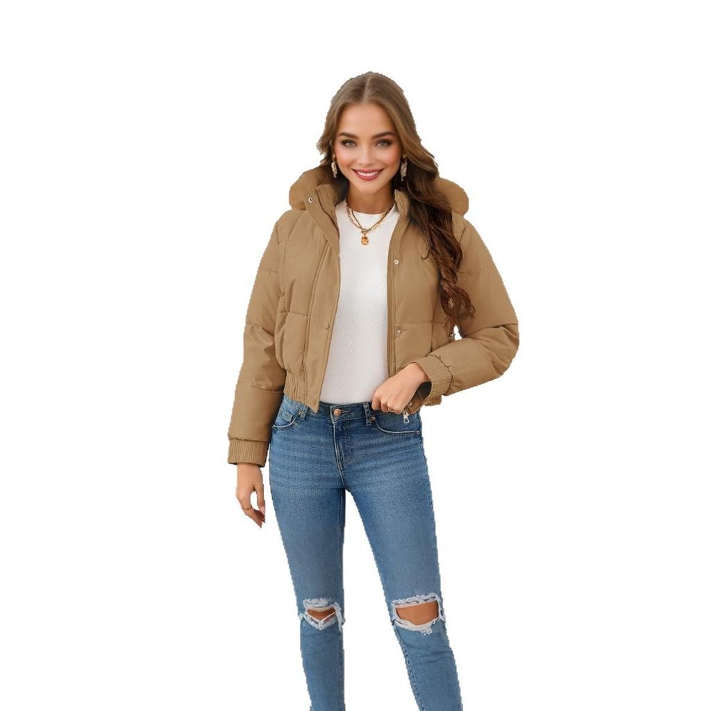 2025 European and American Women's Autumn and Winter New Short Slim High-waisted Cotton Jacket, Casual Thickened Fur Collar and Fleece Padded Jacket