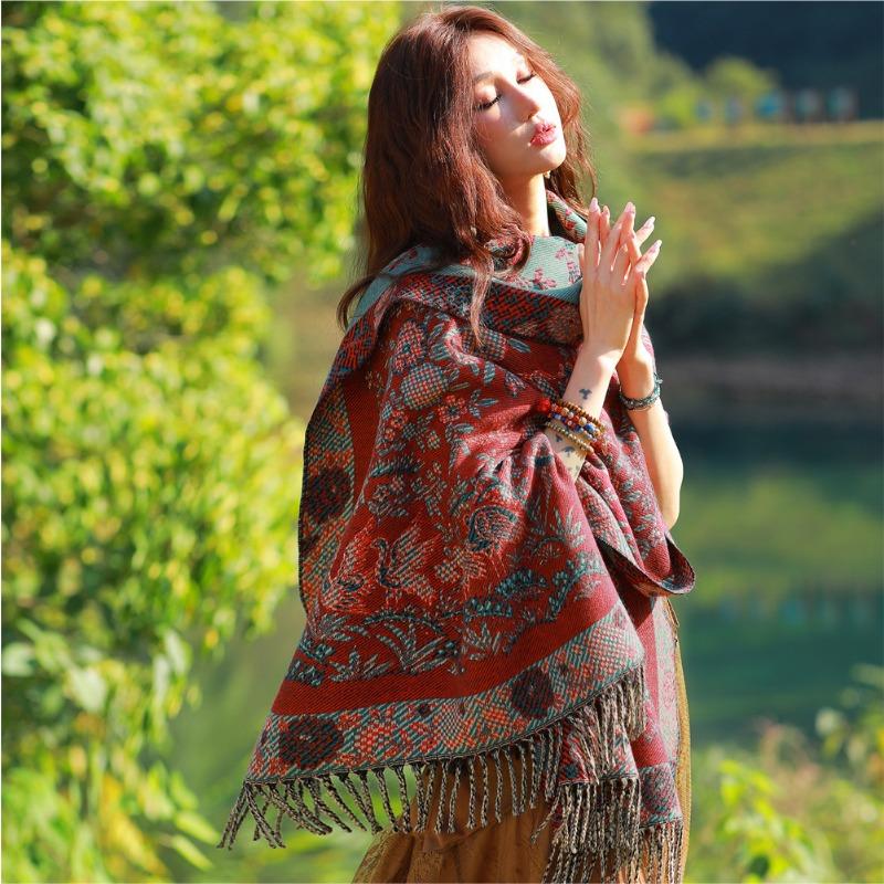 Spring and Autumn New Jacquard Shawl Core-spun Yarn Warm Windproof Scarf Xizang Yunnan Travel Scarf