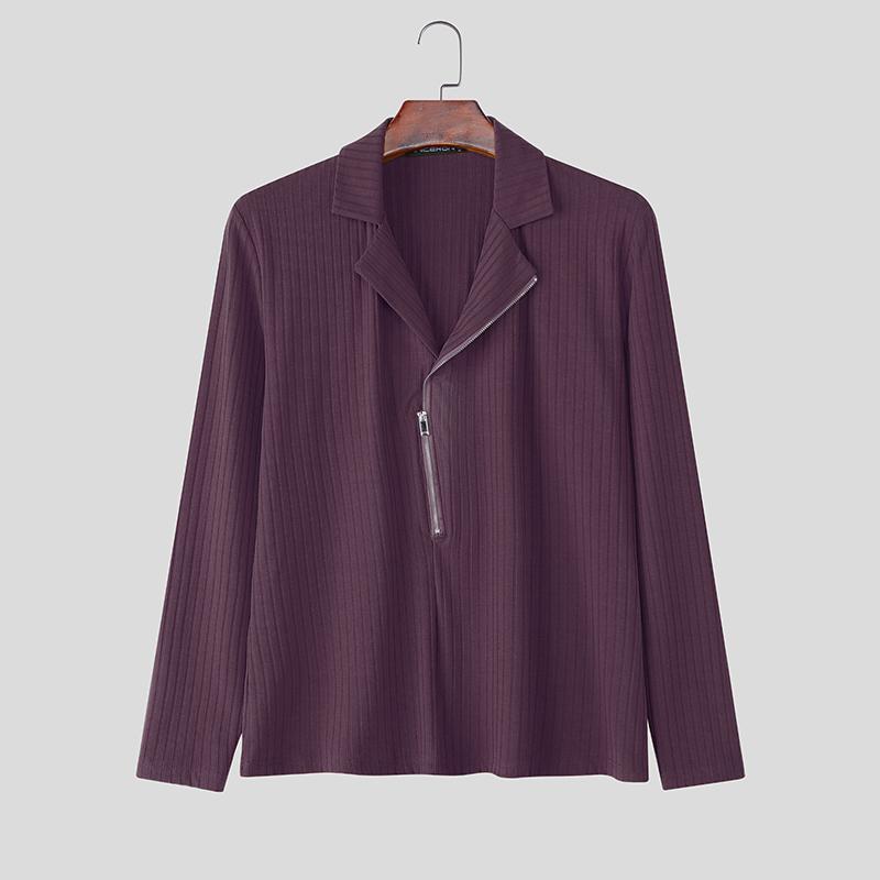 INCERUN Autumn Spring Men Zip-up Neck Long Sleeve Casual Rib Pullovers Tops