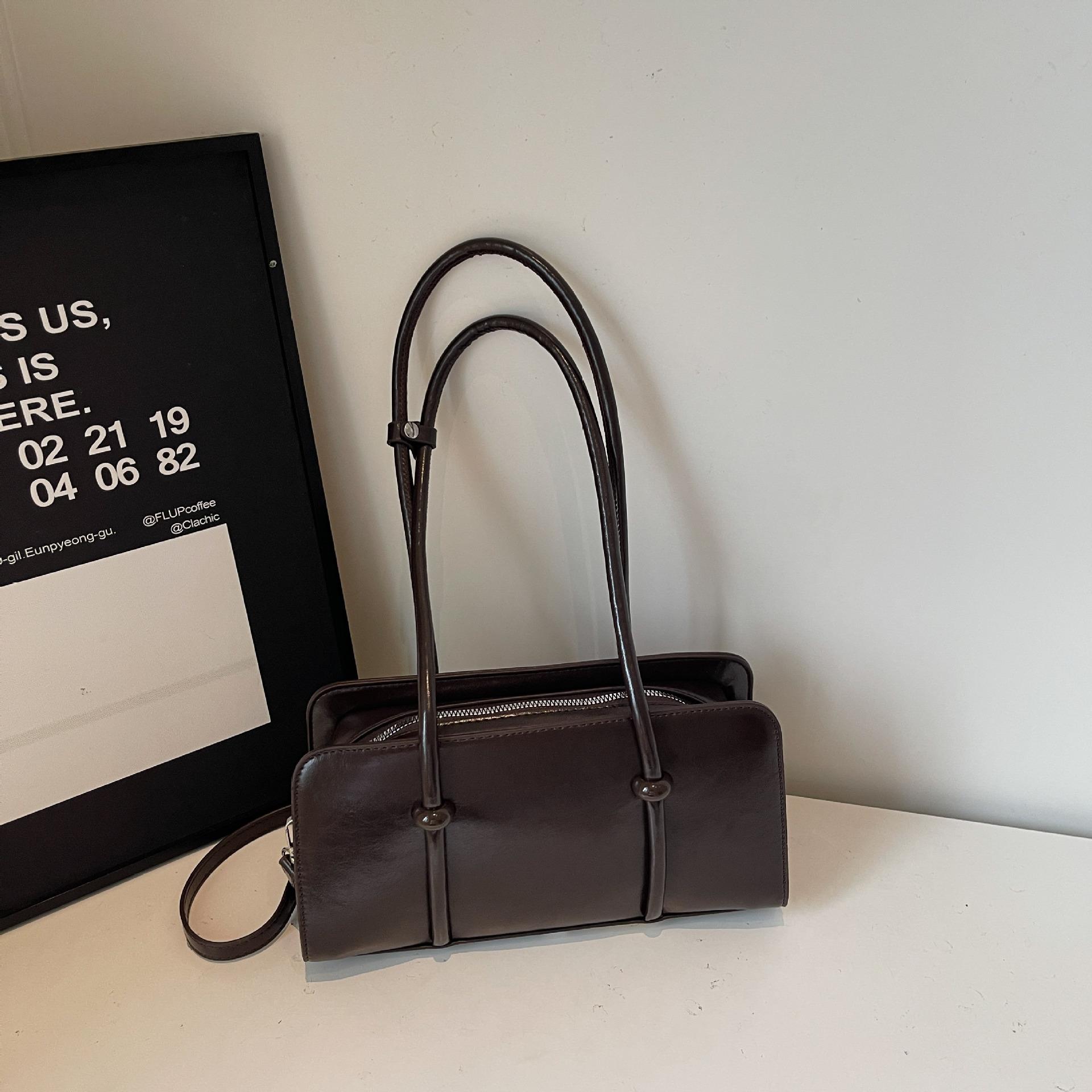 

Vintage Square Shoulder Handbag Women Premium Leather Zipper Tote Bag Casual Trendy Solid Color Underarm Bag For Daily Commute 28x6x14cm кавовий