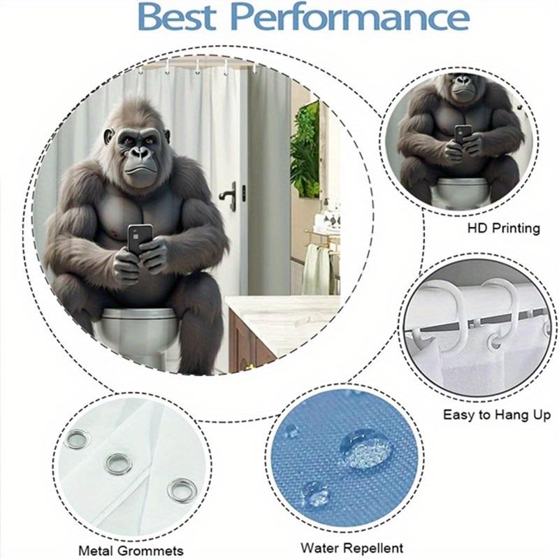 Funny Gorilla Sitting On Toilet Shower Curtain Humorous Bathroom Decoration, Including 12 Hooks, Modern Bathroom Design