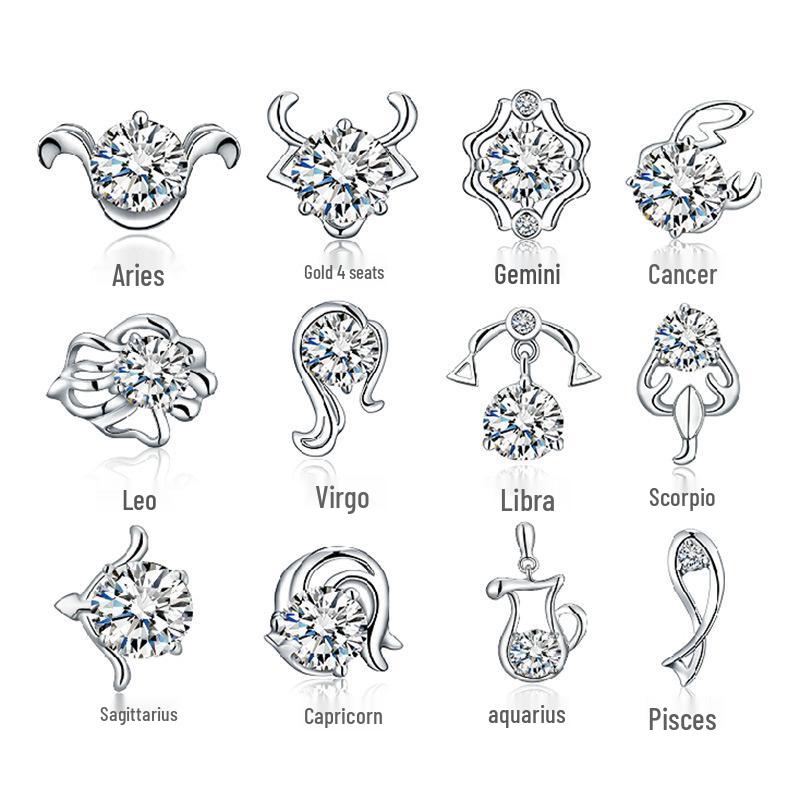 Wei Hua Retro Zodiac Silver-Plated Zircon Stud Earrings for Women