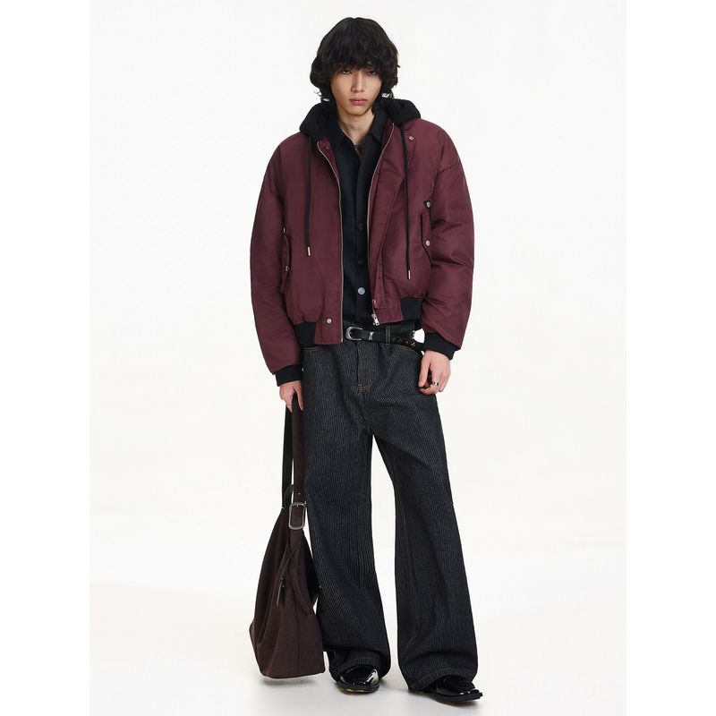 Blaexit Burgundy American-Style Bomber Flight Jacket Winter Faux Two-Piece Padded Coat Men's Fleece-Lined Thickened