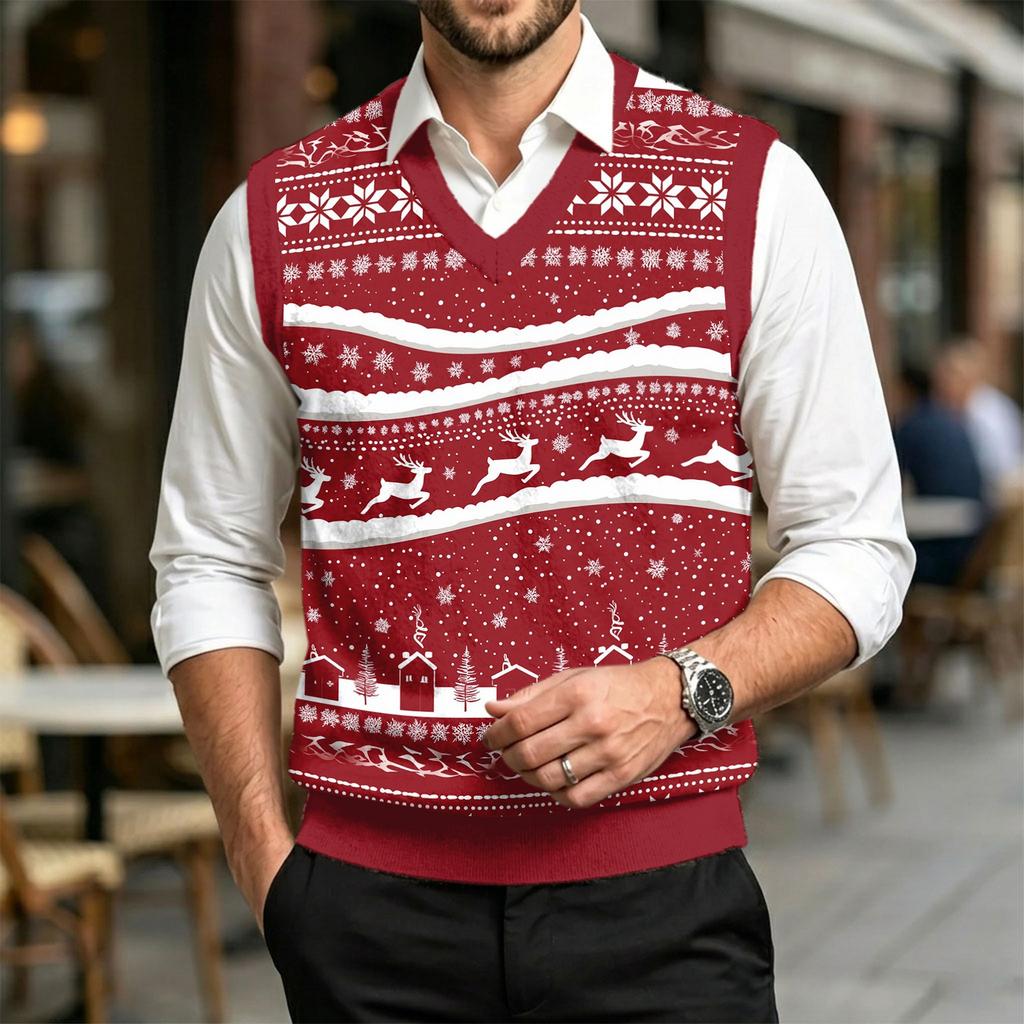 Men's Casual V-Neck Wool Knit Sweater Vest with Christmas Print
