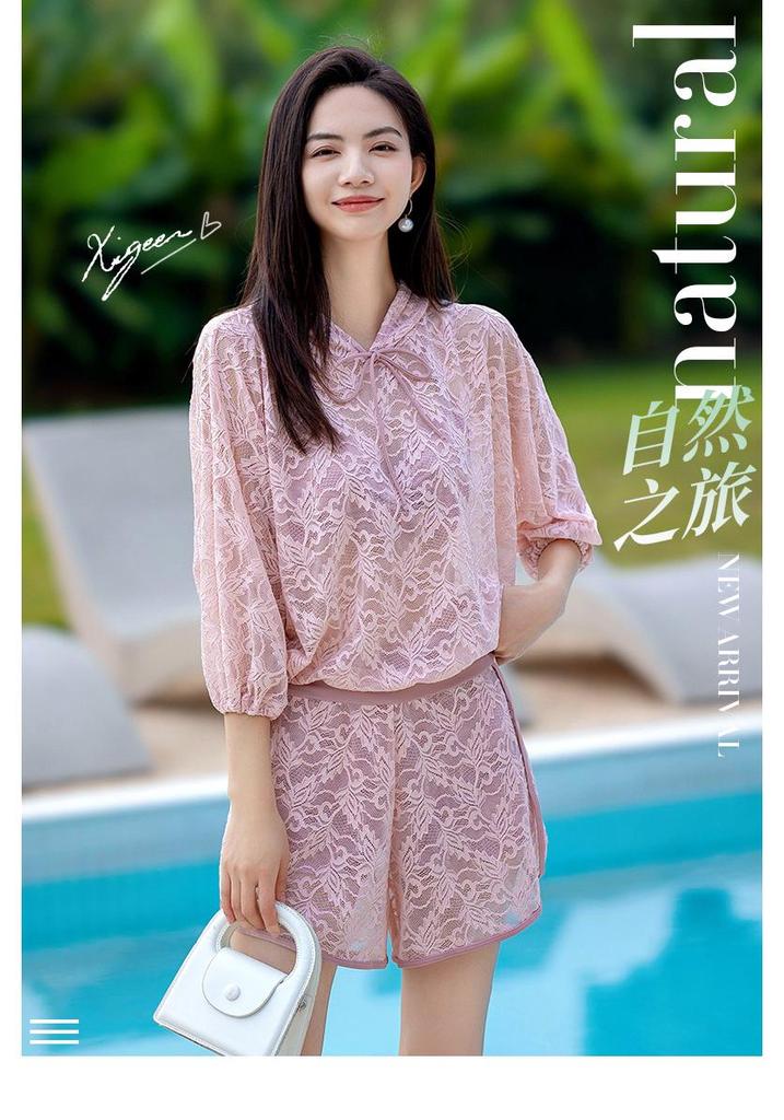 Korean Style Women's Three-Piece Swimsuit Set with Long Sleeve Sun Protection and Slimming Push-Up Features