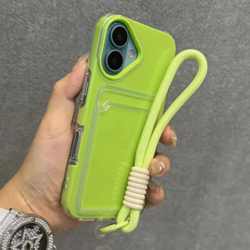 Wrist Strap Card Slot Po Clip Soft Shockproof Case For iPhone 17 16 15 14 Plus 13 12 Pro Max 11 Candy Color Lanyard Cover