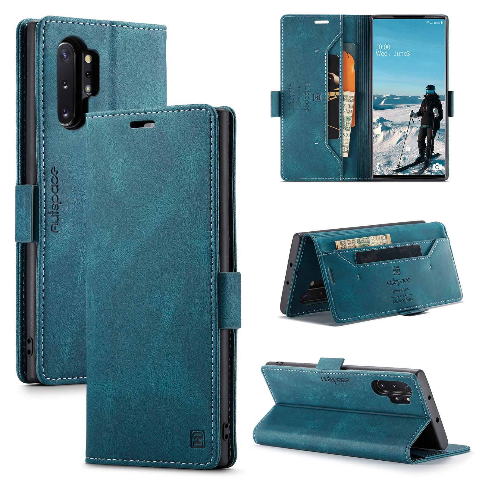 

For Samsung Galaxy Note 10 Plus 4G Wallet Case AUTSPACE A01 Leather Stand Cover with RFID Blocking Card Holder Blue
