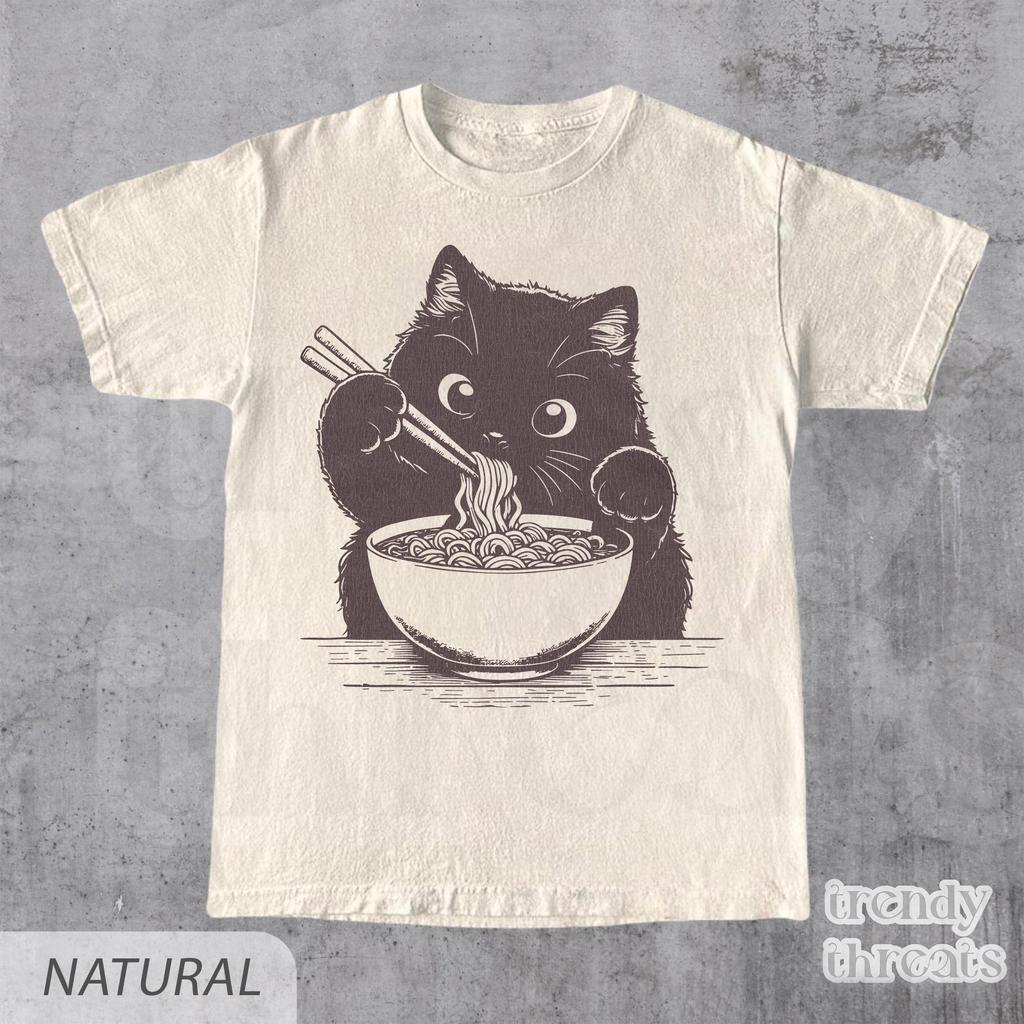 Cat Eating Ramen Shirt, Retro Ramen Lover Cat 90s Graphic Shirt, Vintage Cute Manga Cat T-Shirt, Ramen Lover Gift, Teenager Gift