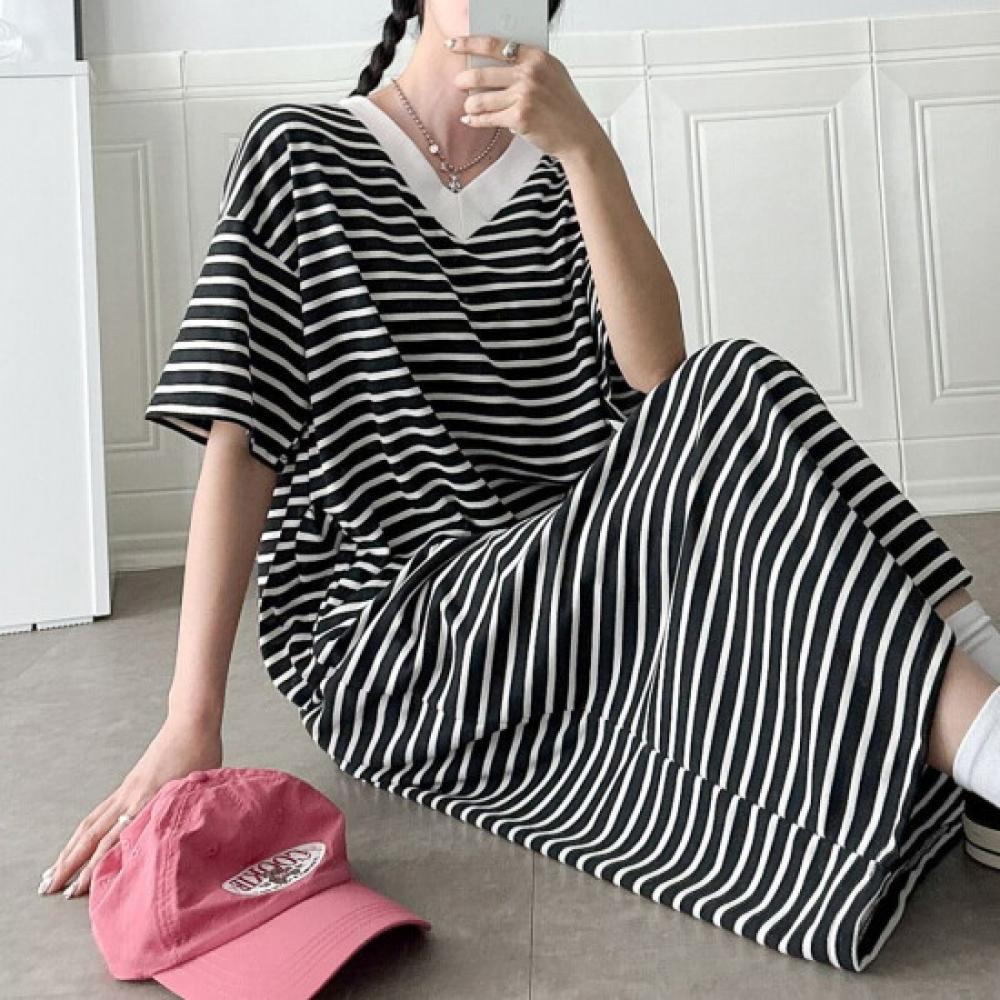 New ArriVals Open Run Maternity Stripe Short SleeVe Dress V Neck Big Size Spring