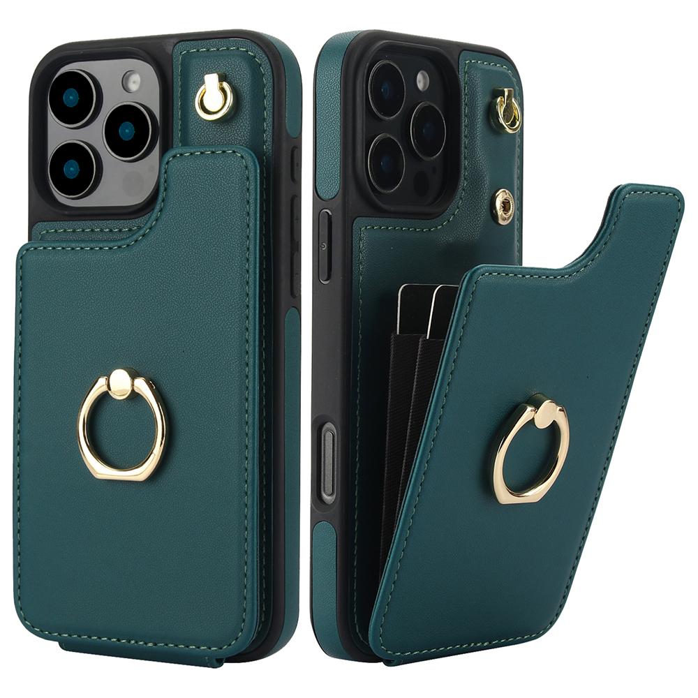 

For iPhone 16 Pro Max Case Card Holder Kickstand PU+TPU Phone Cover with Shoulder Strap Blackish Green