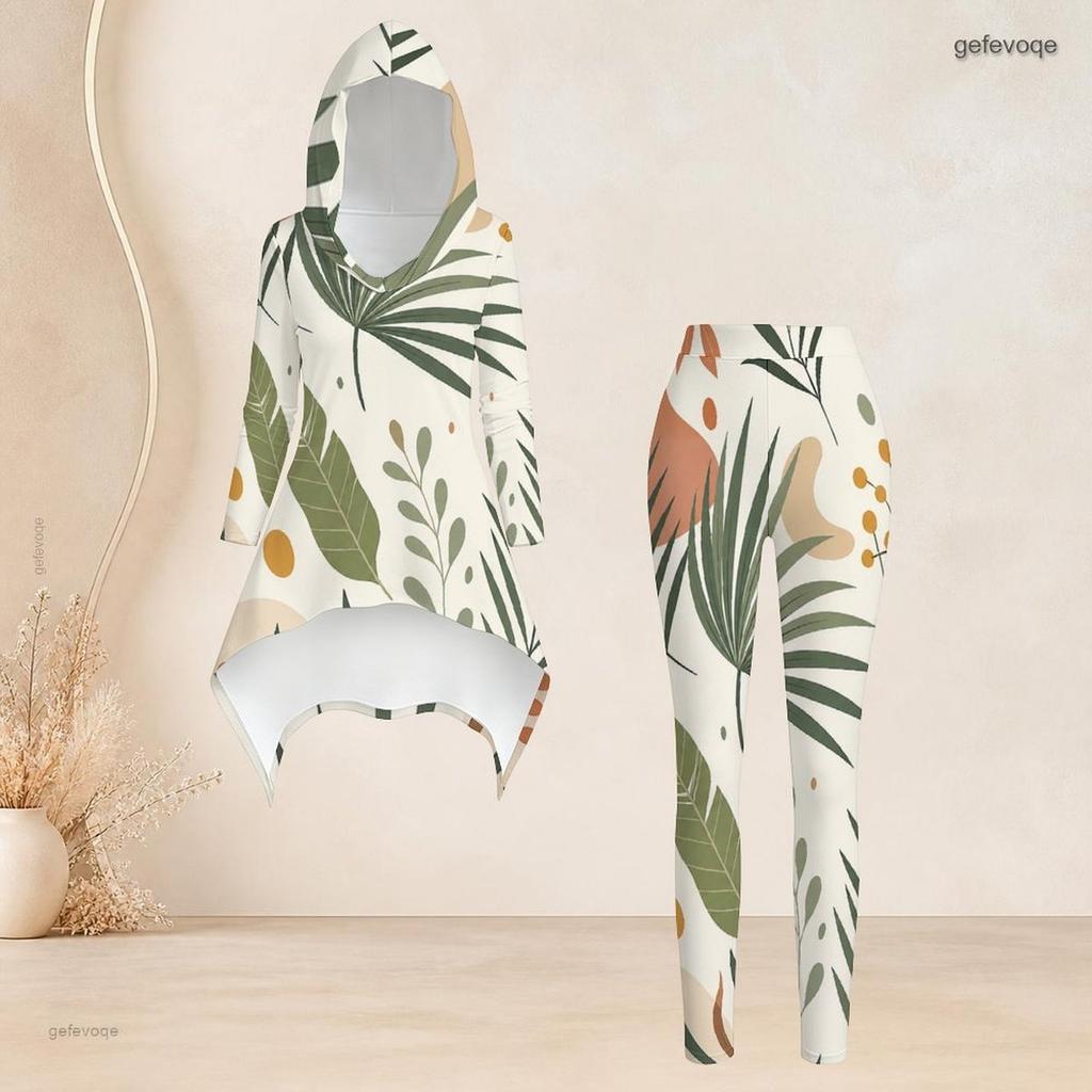 Women Plus Size Hooded Long Sleeve High Low Top Printed Fitted Pants Two Piece Set