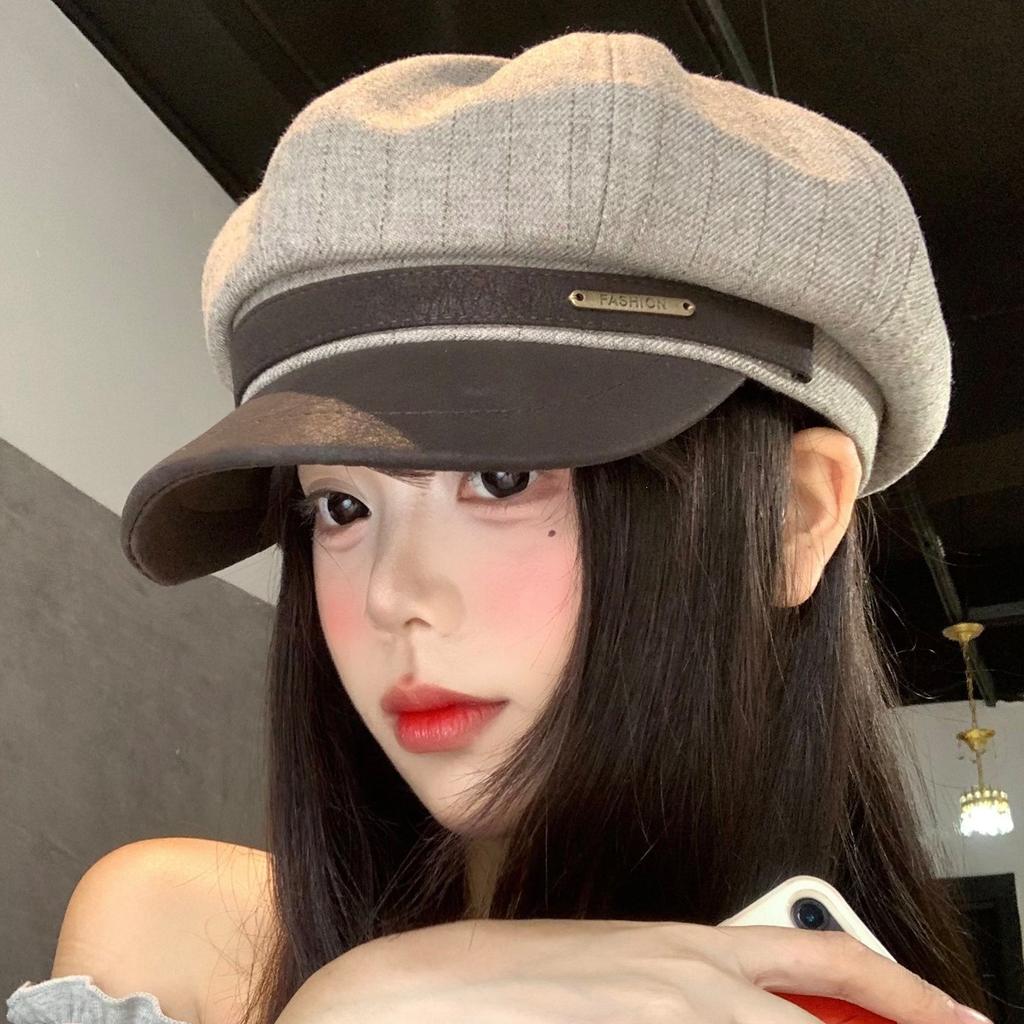 British Style Splicing Striped Octagonal Hat Female Face Small Big Head Circumference Beret Versatile Fashion Newsboy Painter Hat