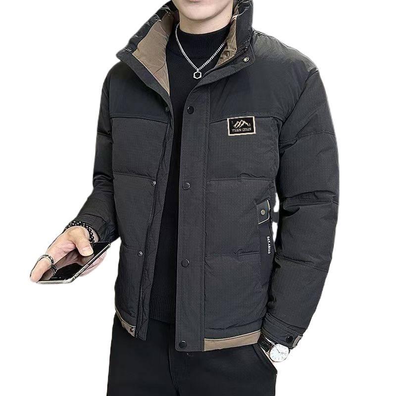 Echte Herren-Winter-Daunenjacke mit Stehkragen, schmaler Passform – Dicke, kurze Oberbekleidung