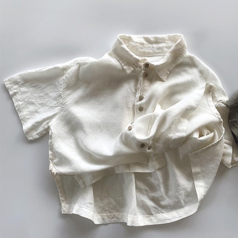 

2025 Летняя рубашка из гладкого хлопка: Модный корейский стиль с коротким рукавом для детей 130 cm кремовый/белый