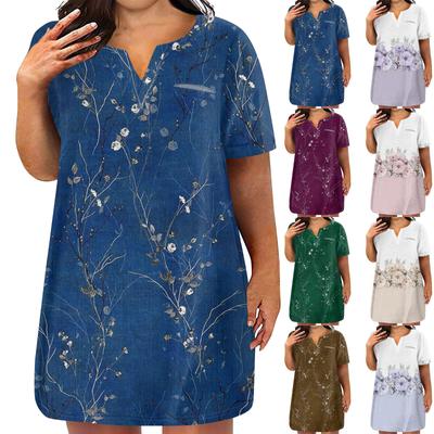 Womens Plus Size Dresses V Neck Short Sleeve Summer Casual Solid Dress Tunic With Pocket