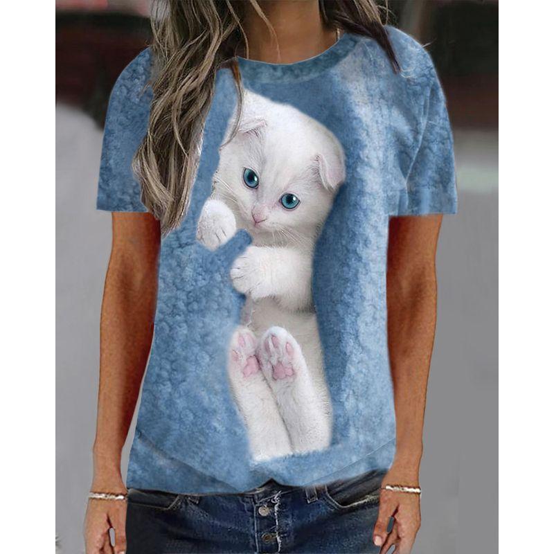 

2024 Animal Loose Print Long Sleeved round Neck Sweatshirt Blue-Short Sleeve XL