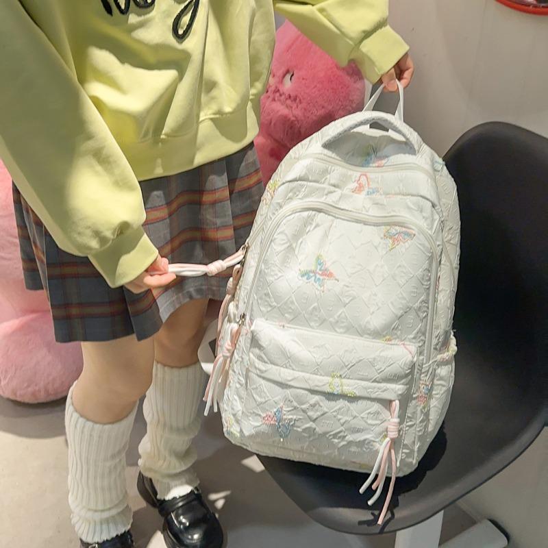 Butterfly Embroidery Backpack Casual Daily Bag Large Capacity School Bag for Students Commuters Minimalist Fashion Design with Tassel Details