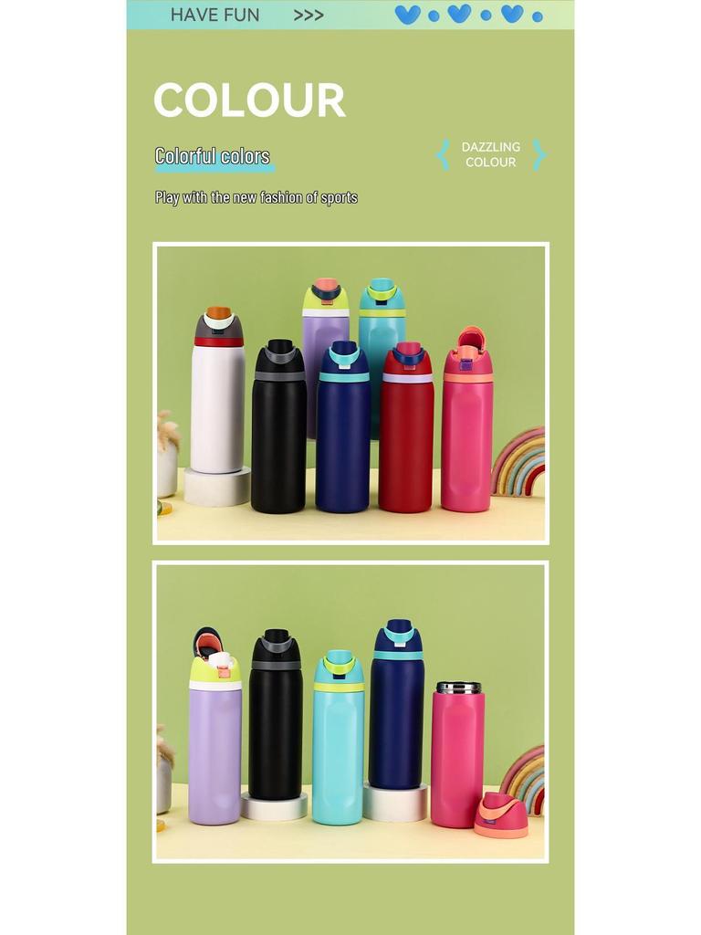 Double-Drink Lid Stainless Steel Insulated Sports Cup with Straw, Large Capacity, Flip-Top, Carry Rope