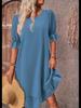 Women's Retro Cotton Linen Mid-Sleeve Round Neck Ruffle Dress