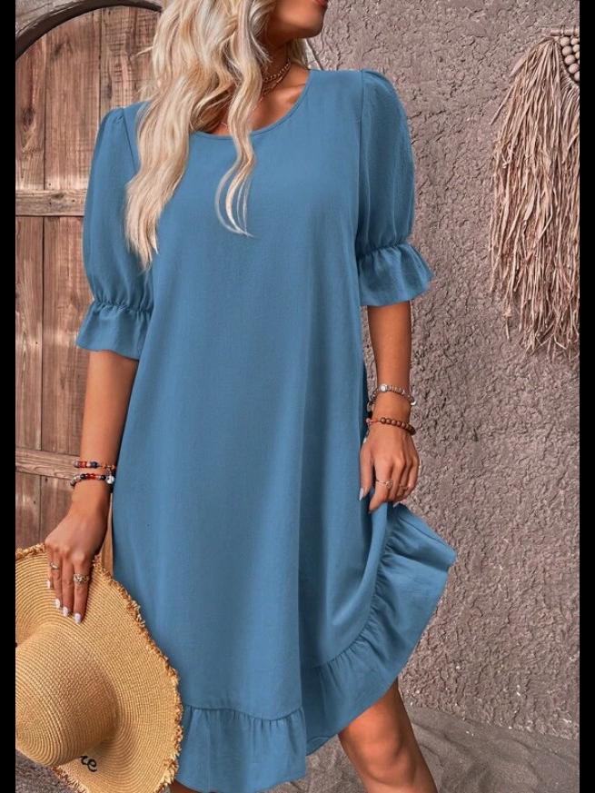 Women's Retro Cotton Linen Mid-Sleeve Round Neck Ruffle Dress