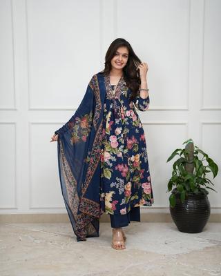 Krásná tištěná bavlněná sada Anarkali Kurti, kalhot a dupatta pro ženy, party oblečení, designový salwarový oblek