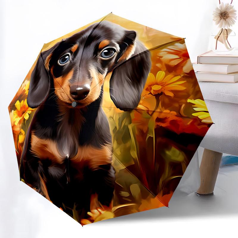 1pc Dachshund Flowers Automatic Folding Umbrella, Sturdy And Durable Automatic Folding Umbrella with 8 Ribs, Convenient for Outdoor Use085