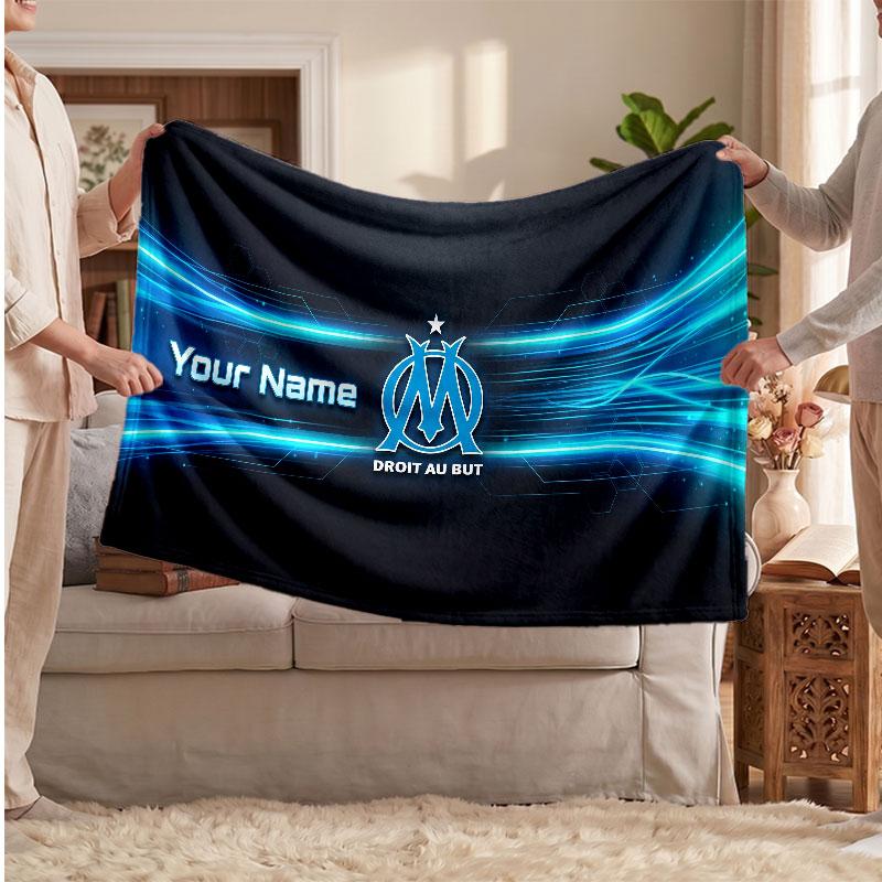 Olympique Marseille FC Personalized Fleece Blanket With Football Logo, Custom Name Text Soft Warm Home Throw Blanket